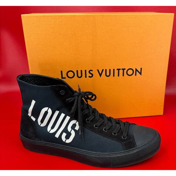 Louis Vuitton Tattoo Blue Black Canvas High Top Lace Up Sneaker Shoes LV 9 US 10